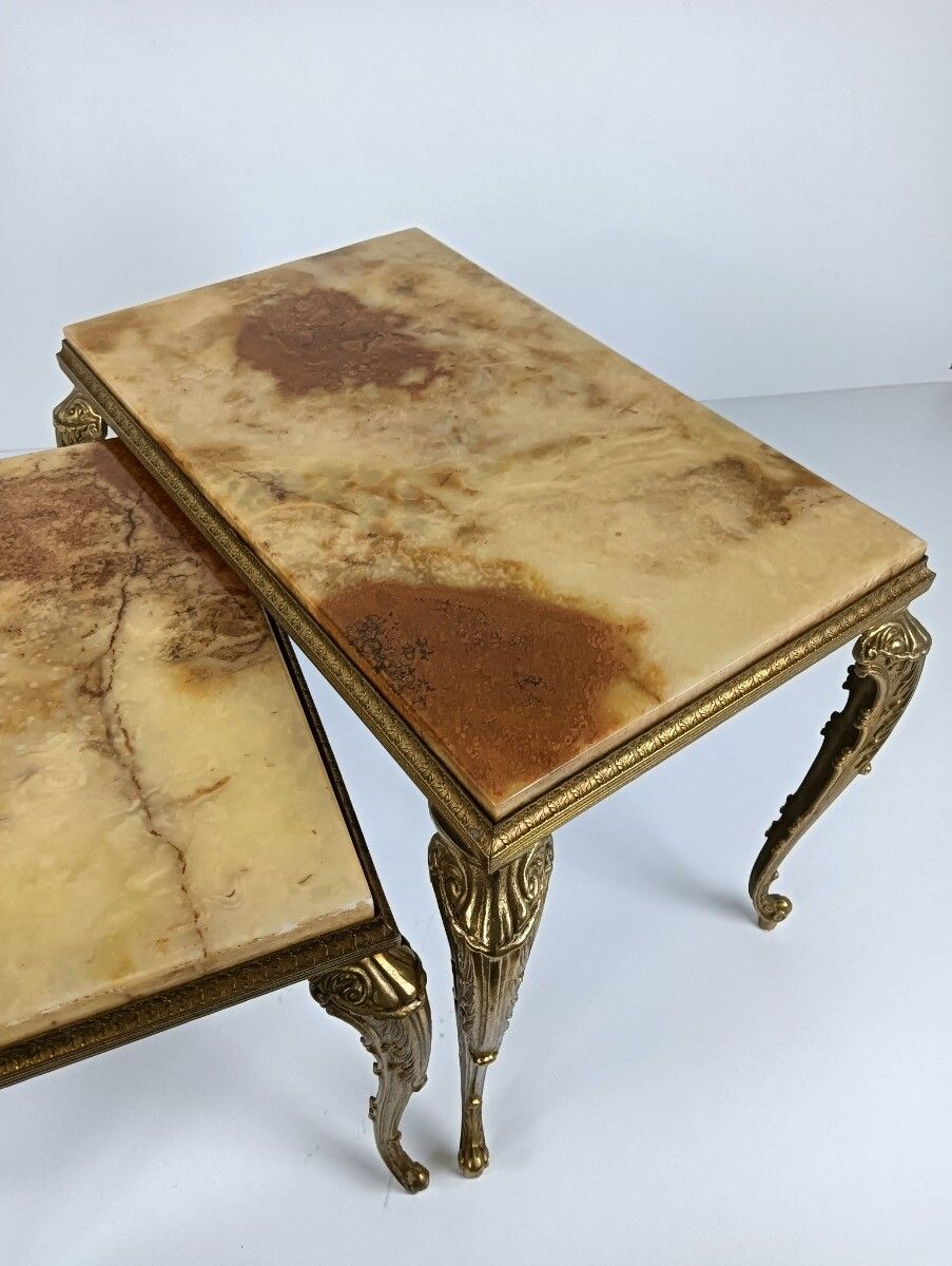 photo furniture Stylish Set Of 3 Nesting Stacking Tables Hollywood Regency Style Onyx Marble Bra