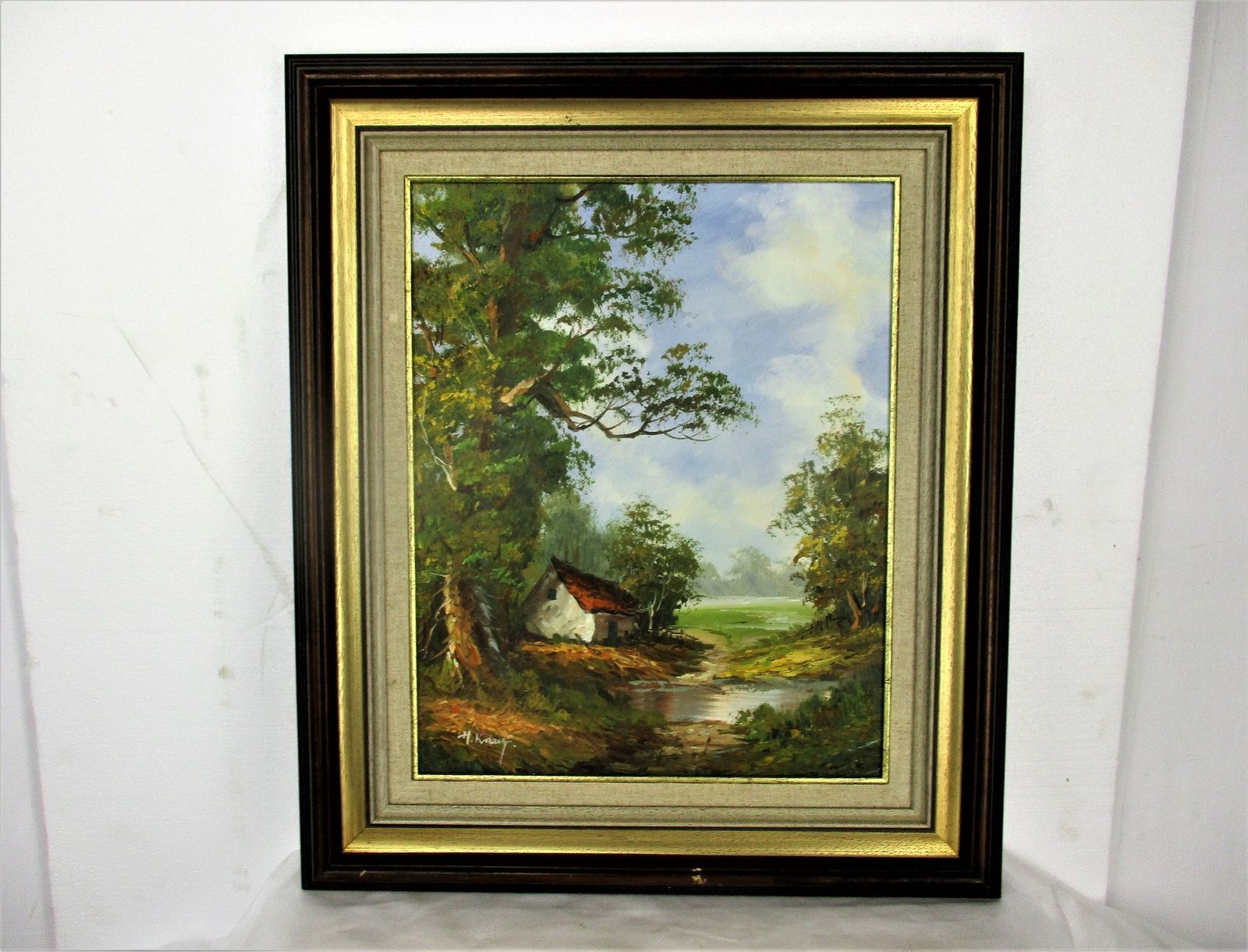 Lovely Oil Painting On Canvas Framed Beautiful Landscape Wood Creek Cabin Signed photo for sale