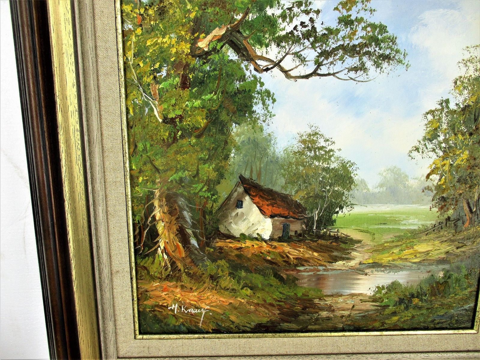 Lovely Oil Painting On Canvas Framed Beautiful Landscape Wood Creek Cabin Signed photo Art