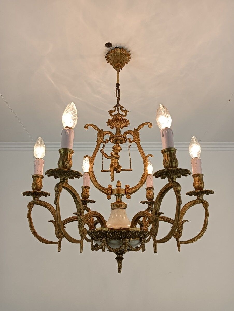 Brass Chandelier Marble Cupid Putti On Swing 6 Lights Arm Vintage Very Rare photo furniture