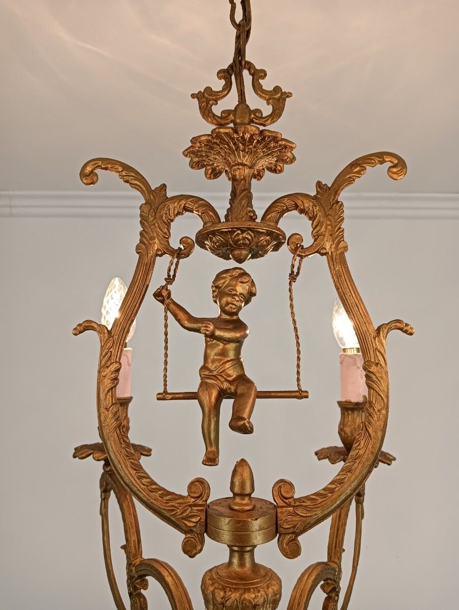 Brass Chandelier Marble Cupid Putti On Swing 6 Lights Arm Vintage Very Rare photo Lighting
