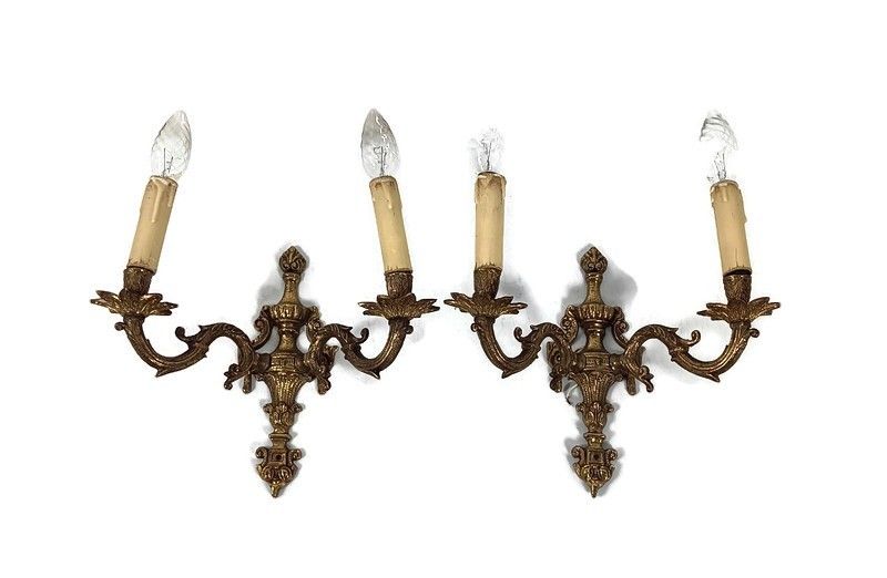 Pair Of Double Wall Lights Sconces Brass Ornate Hollywood Regency Vintage Lovely