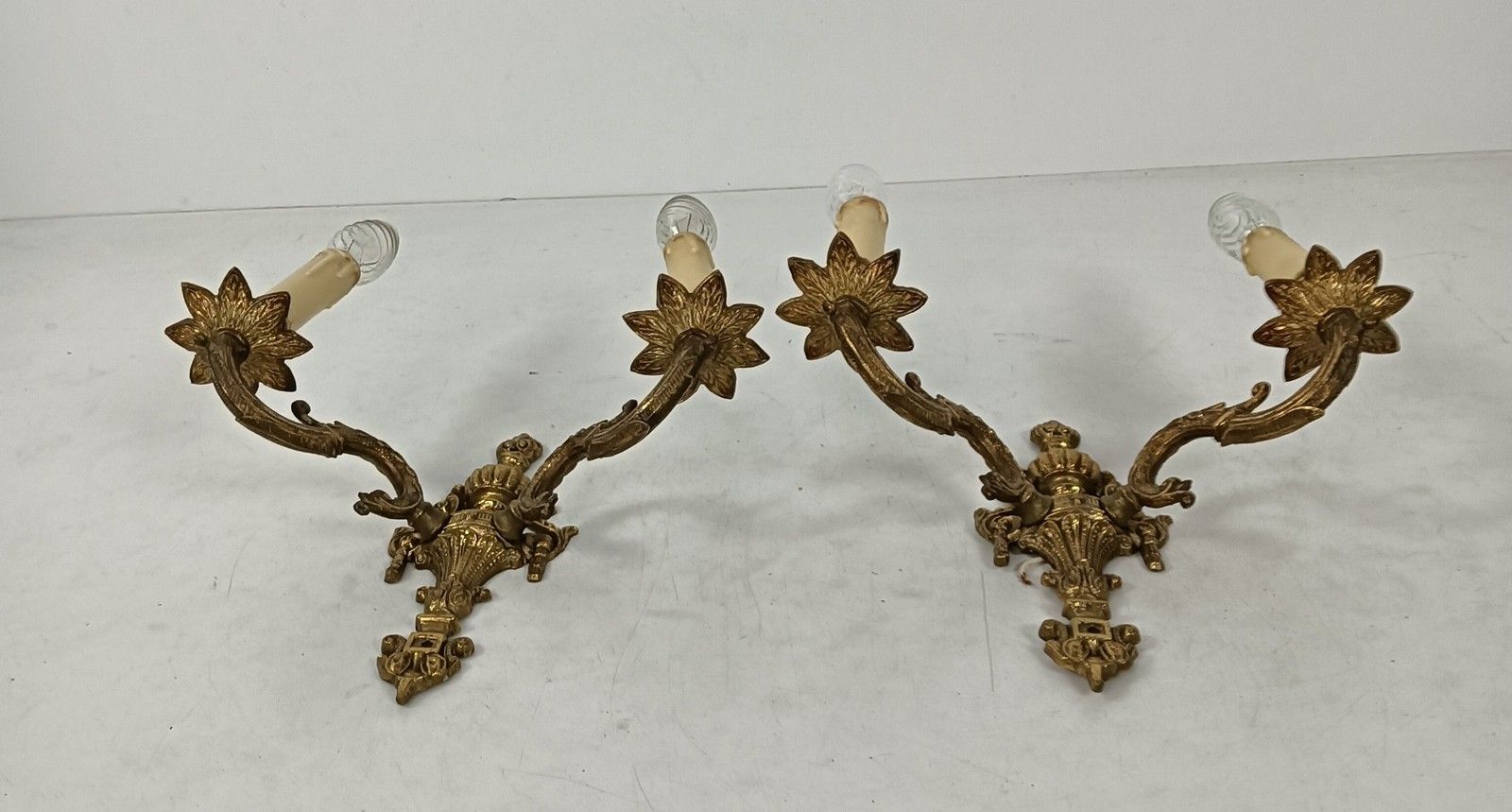 Pair Of Double Wall Lights Sconces Brass Ornate Hollywood Regency Vintage Lovely photo Lighting