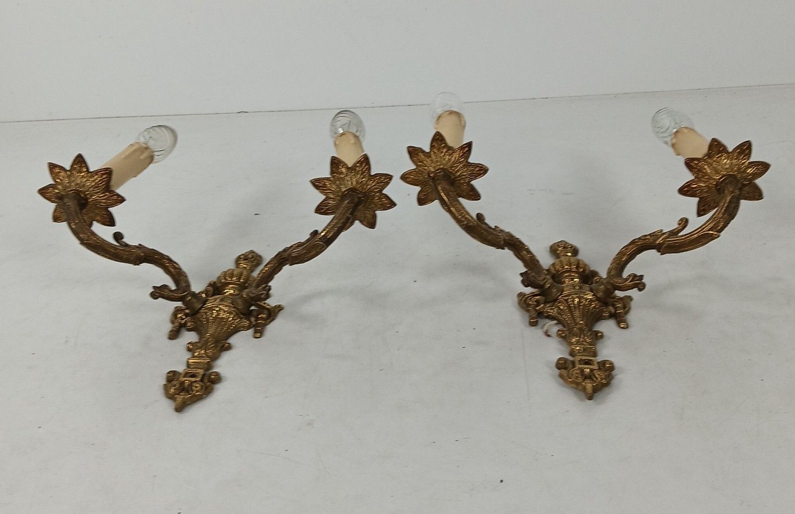 Pair Of Double Wall Lights Sconces Brass Ornate Hollywood Regency Vintage Lovely photo 162.0