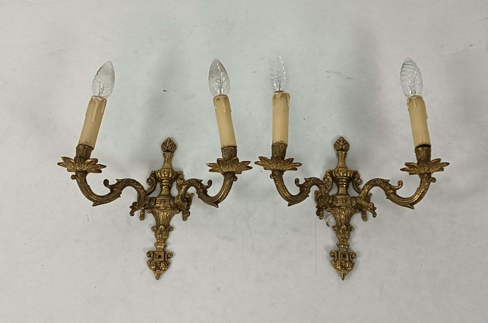 Pair Of Double Wall Lights Sconces Brass Ornate Hollywood Regency Vintage Lovely photo vinterior