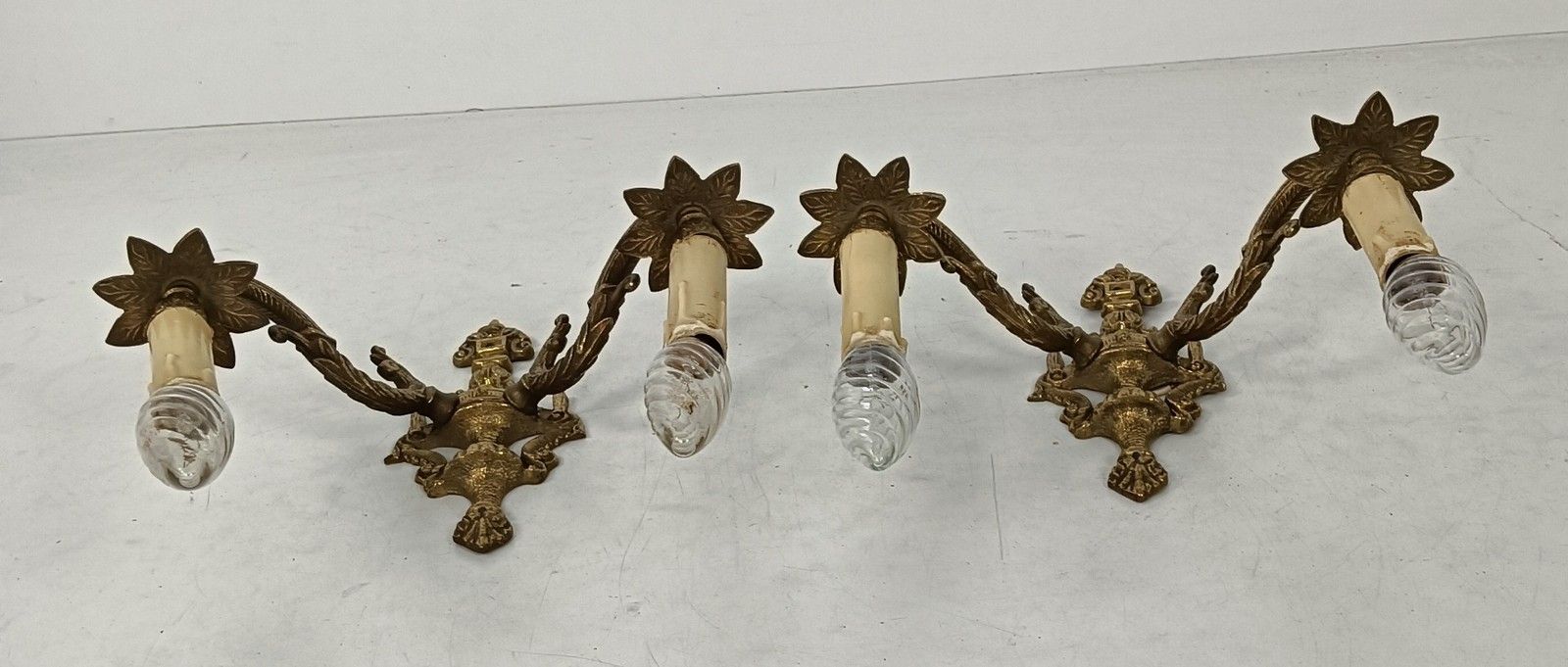 Pair Of Double Wall Lights Sconces Brass Ornate Hollywood Regency Vintage Lovely photo buy