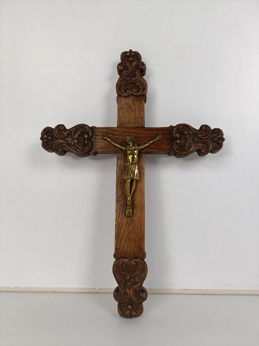 Ornate Hand Carved Wooden Hanging Crucifix Cross Christianity Vintage Jesus Chri photo furniture