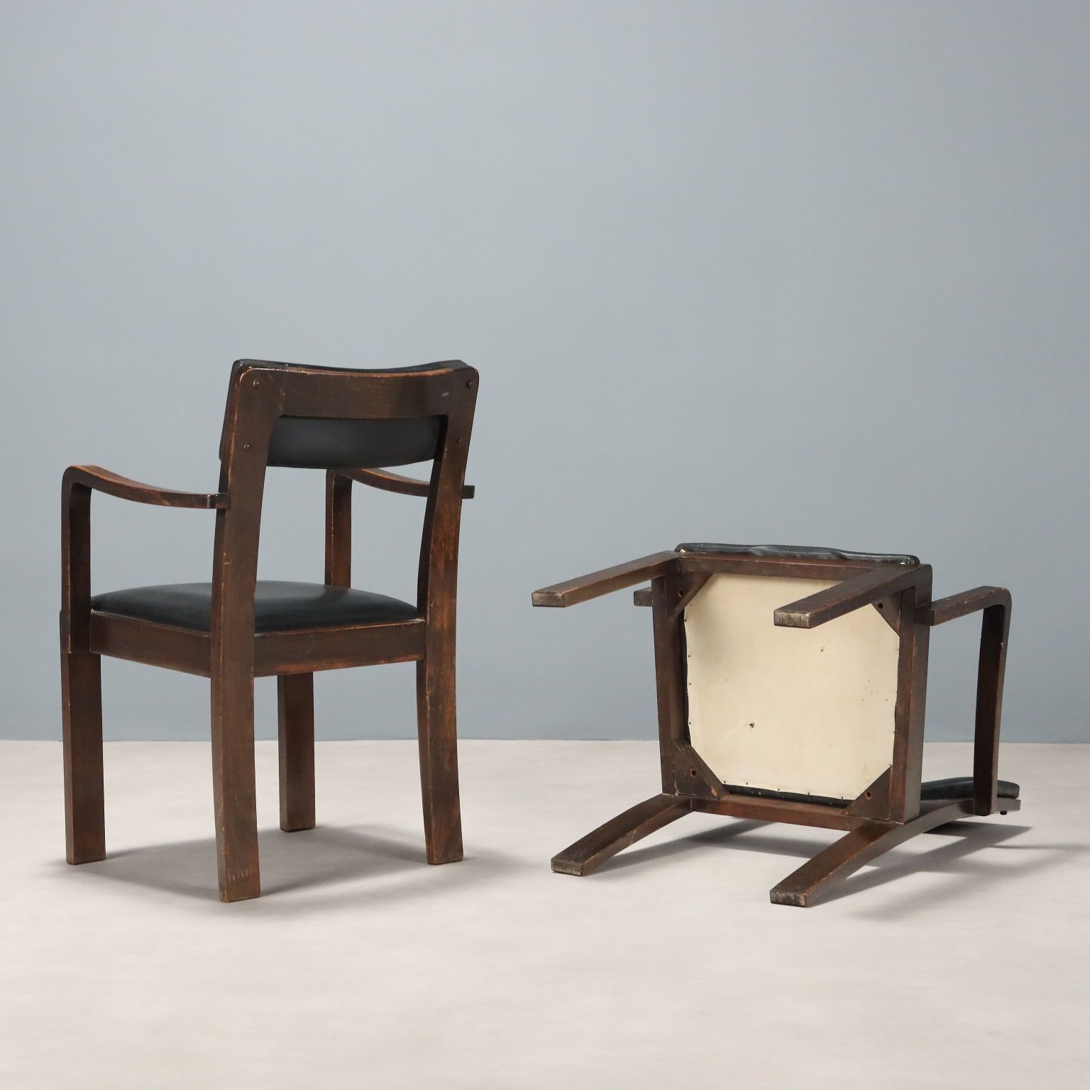 Vintage Chairs Deco Style Wood Black Leather Italy 1940s 1950s photo vintage