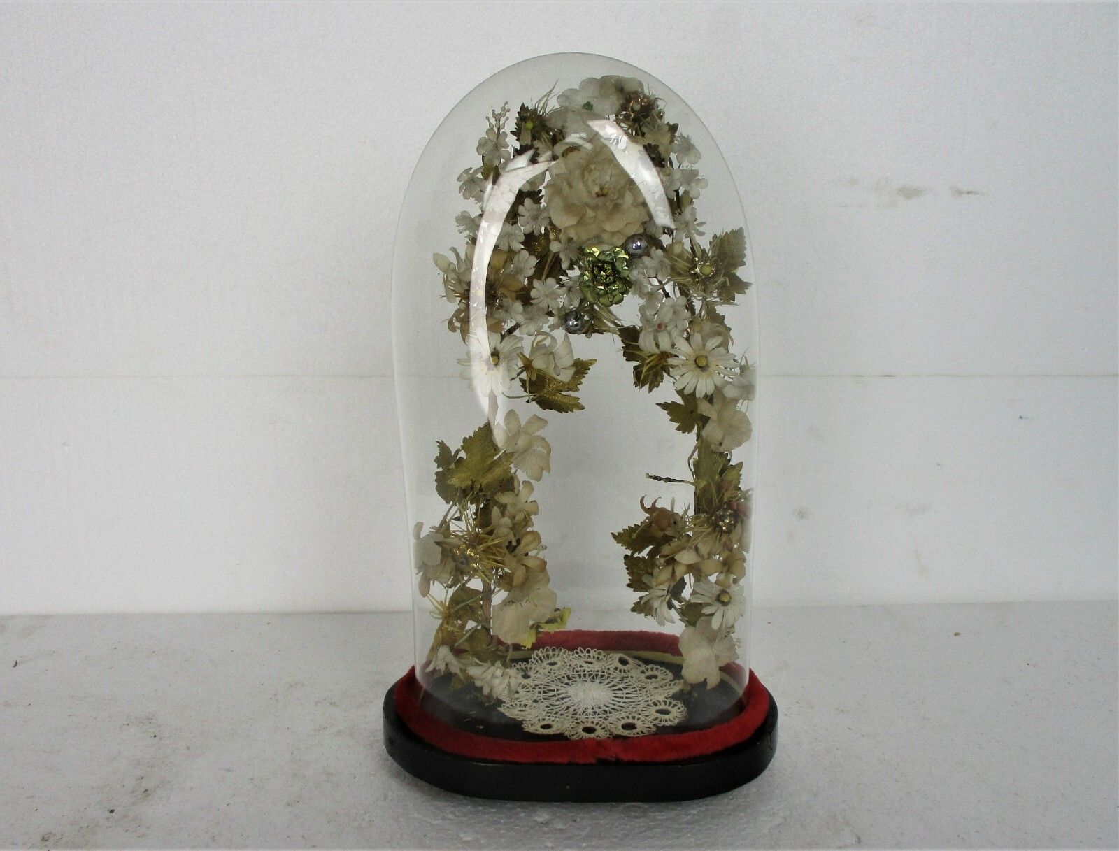 Small Antique 1800 Victorian French Bridal Wedding Dome Silk  Flowers