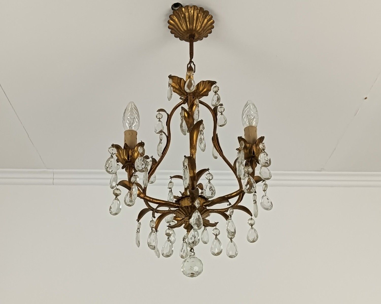 Italian Chandelier 3 Lights Art Glass Prisms Faux Brass Hollywood Regency Style photo Lighting