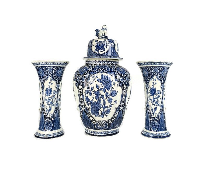Delft Blue White Garniture Set Two Trumpet  Vases Urn Lidded 3 Pieces Royal Sphi