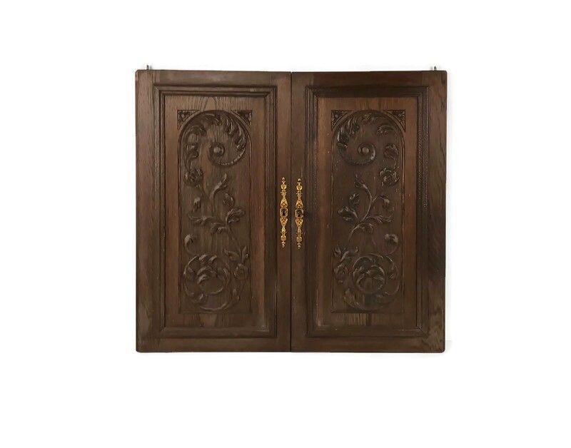 Antique Pair Door Panels Doors Cabinet Carved Wood Reclaimed Architectural Salva