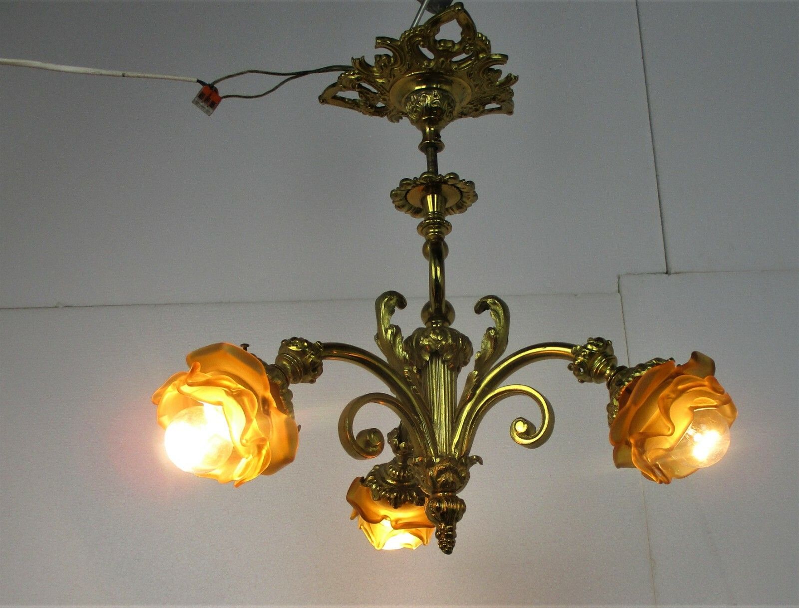 Vintage Chandelier 3 Arm Lights Ornate Bronze Art Glass Gorgeous Amber Sconces photo for sale