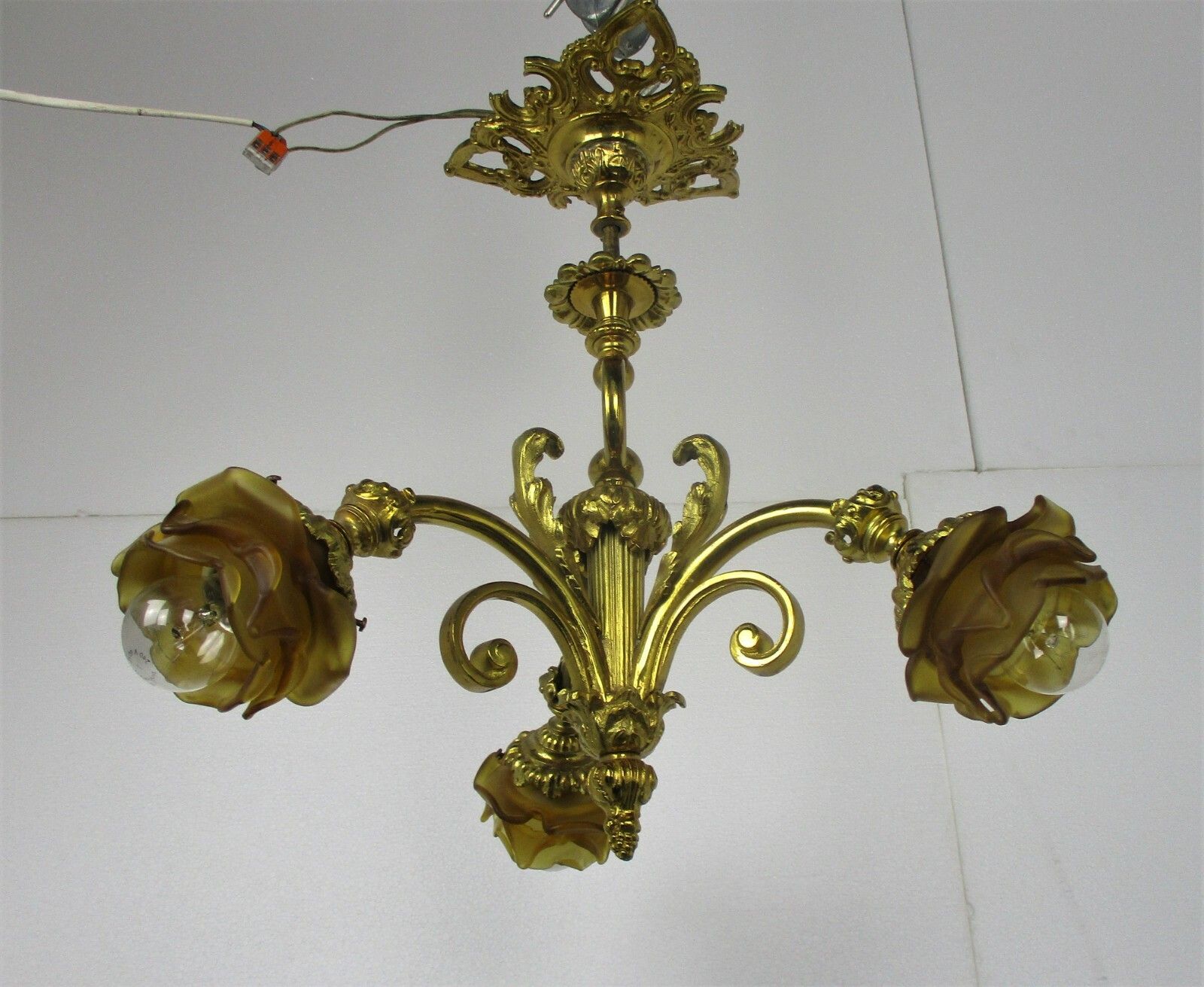 Vintage Chandelier 3 Arm Lights Ornate Bronze Art Glass Gorgeous Amber Sconces photo 427.0