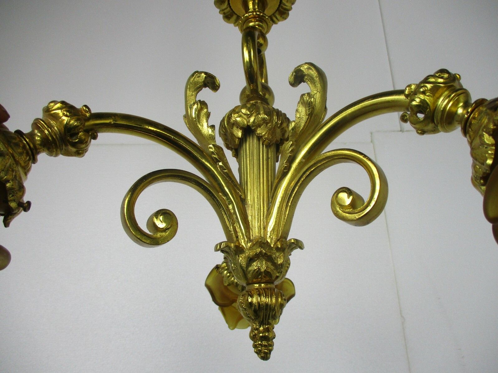 photo for sale Vintage Chandelier 3 Arm Lights Ornate Bronze Art Glass Gorgeous Amber Sconces