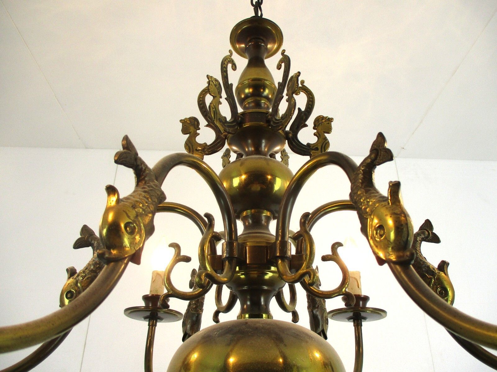 Flemish Dutch Chandelier 6 Arm Lights Brass Mermaids Fish Vintage Barn  Lovely photo for sale