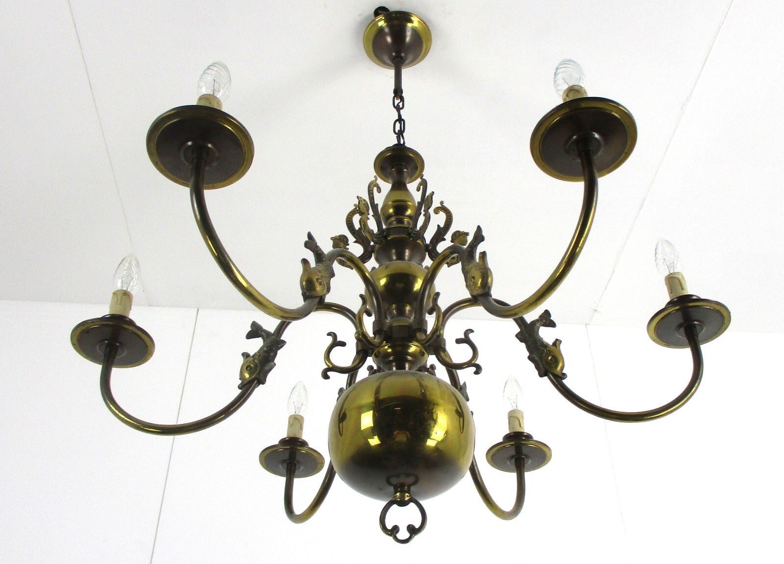 Flemish Dutch Chandelier 6 Arm Lights Brass Mermaids Fish Vintage Barn  Lovely photo vinterior