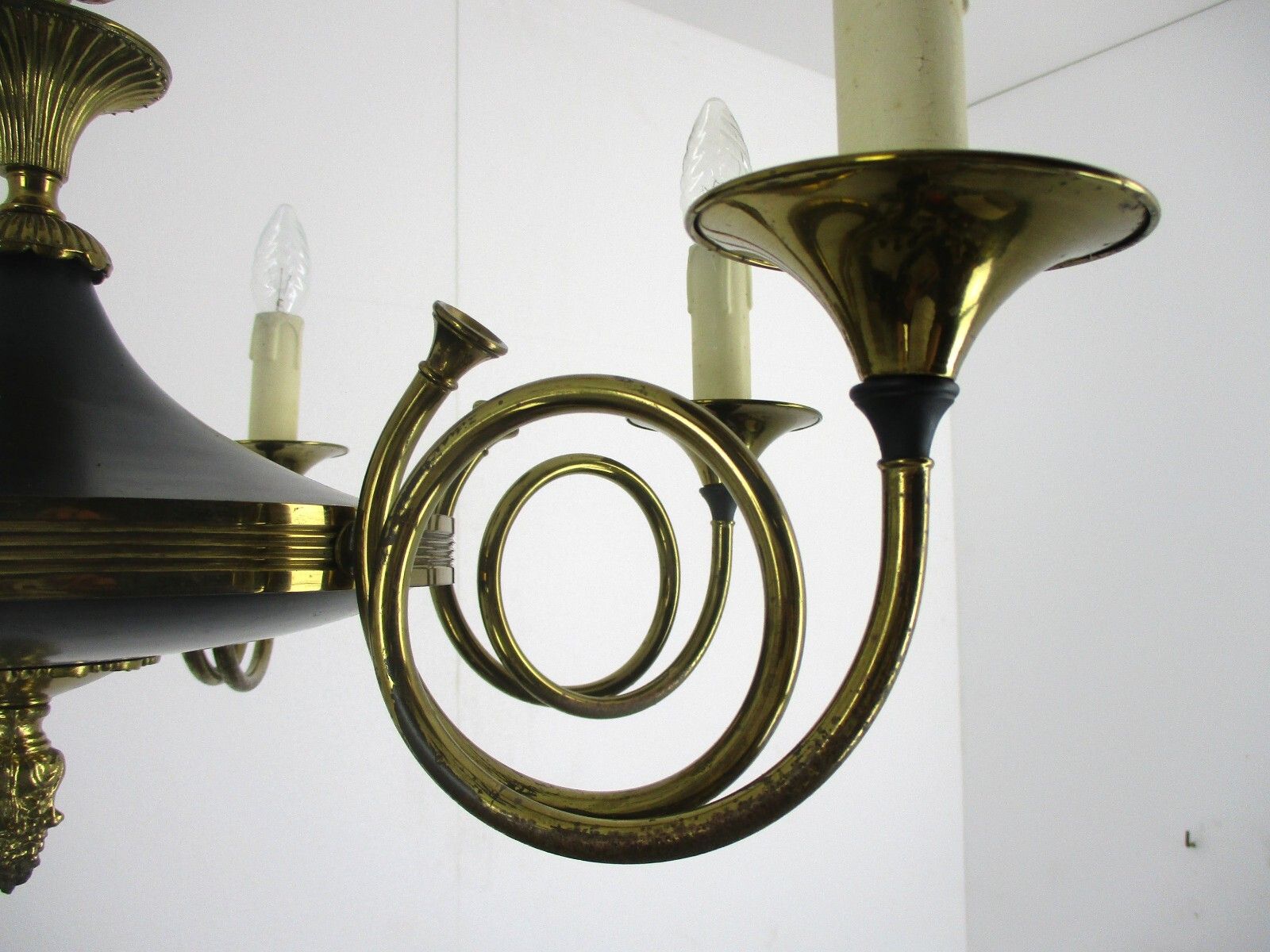 French Empire Pan Chandelier Green Tole Brass 6 Arms Hollywood Regency Trumpets photo 372.0