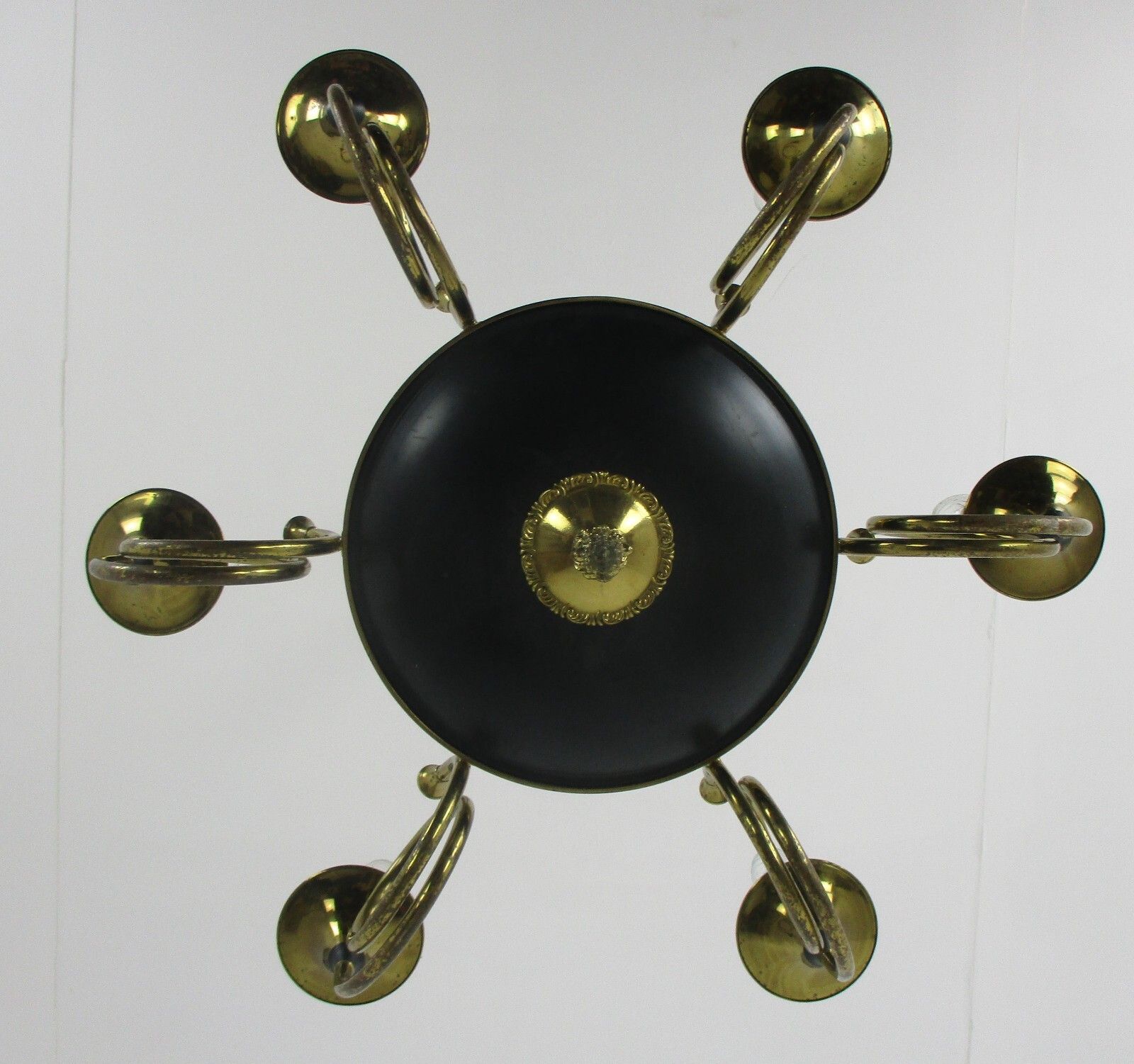 French Empire Pan Chandelier Green Tole Brass 6 Arms Hollywood Regency Trumpets photo buy
