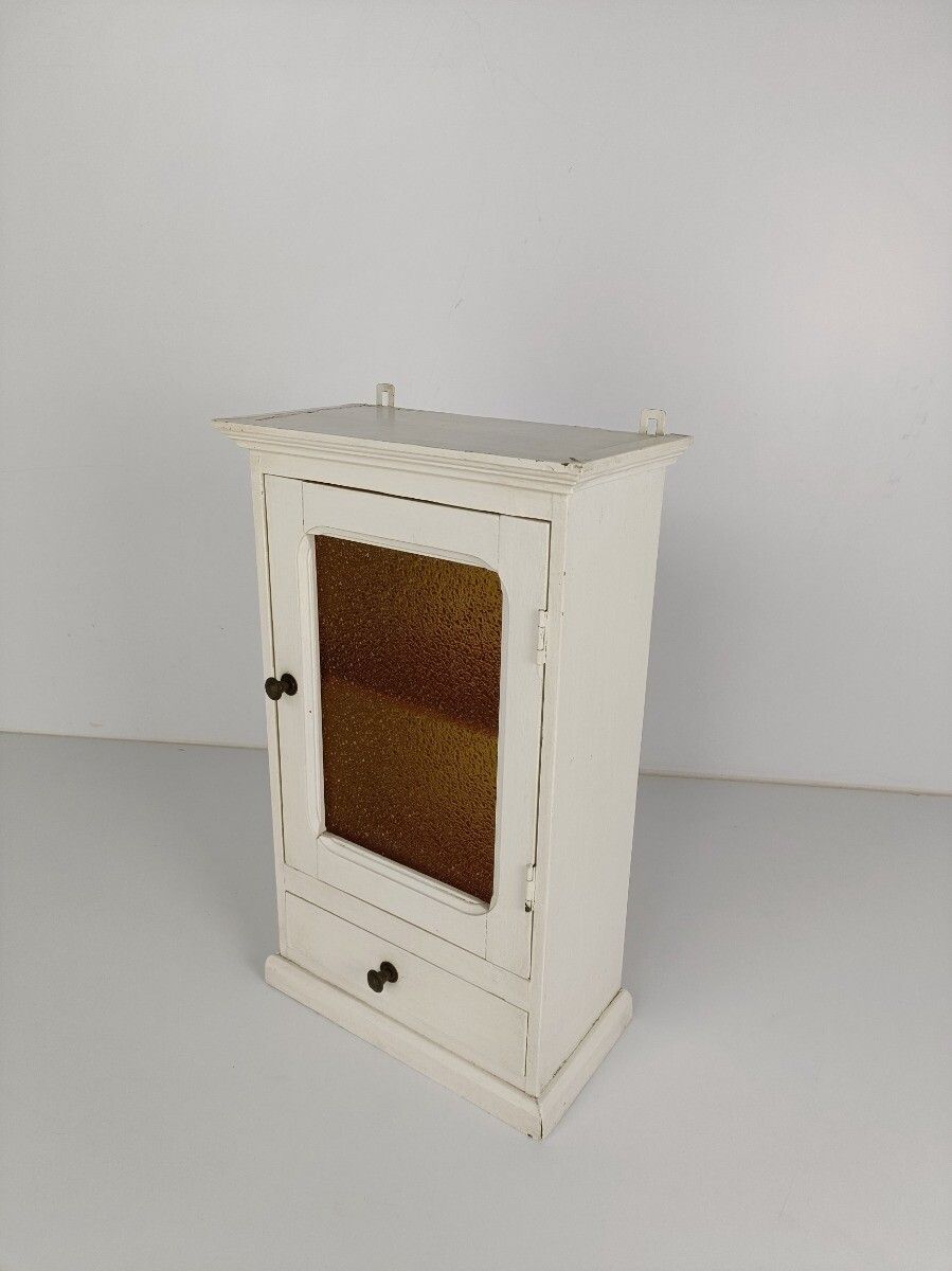Apothecary Bathroom Medicine Kitchen Cabinet Wood  Antique  Bubbled Amber Glass photo vintage