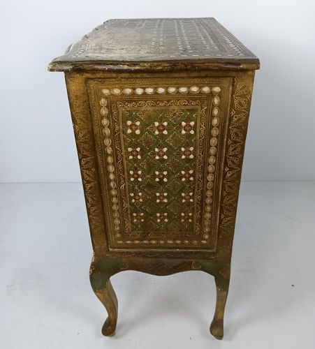 Furniture Florentine Wood Nightstand End Table Hall Cabinet Green Gold Gilded Italian Stun photo