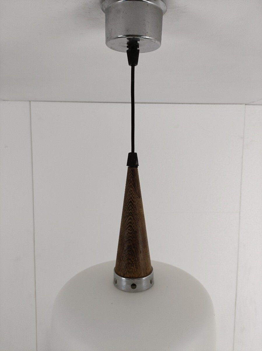 Danish Modern Chandelier Pendant Teak Opaline Glass Atomic  Retro Pop Art Style photo vintage
