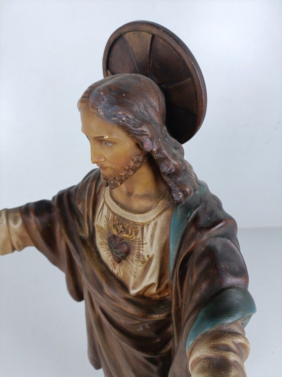 Large Gorgeous Statue Jesus Christ Neo Gothic Antique Holy Heart Open Arms Plast photo vintage