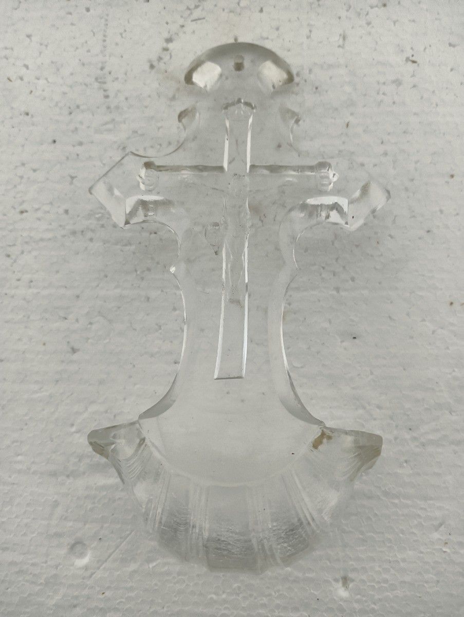 Lovely Vintage  Antique Holy Water Font Vessel Art Glass Crucifixion Wall Hangin photo buy