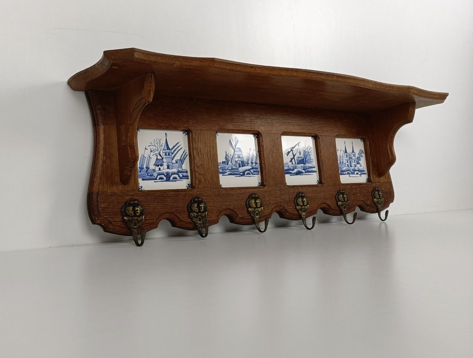 Antique Coat Hat Kitchen Rack Carved Wood Ceramic Delft Tiles Blue White Barn St photo furniture