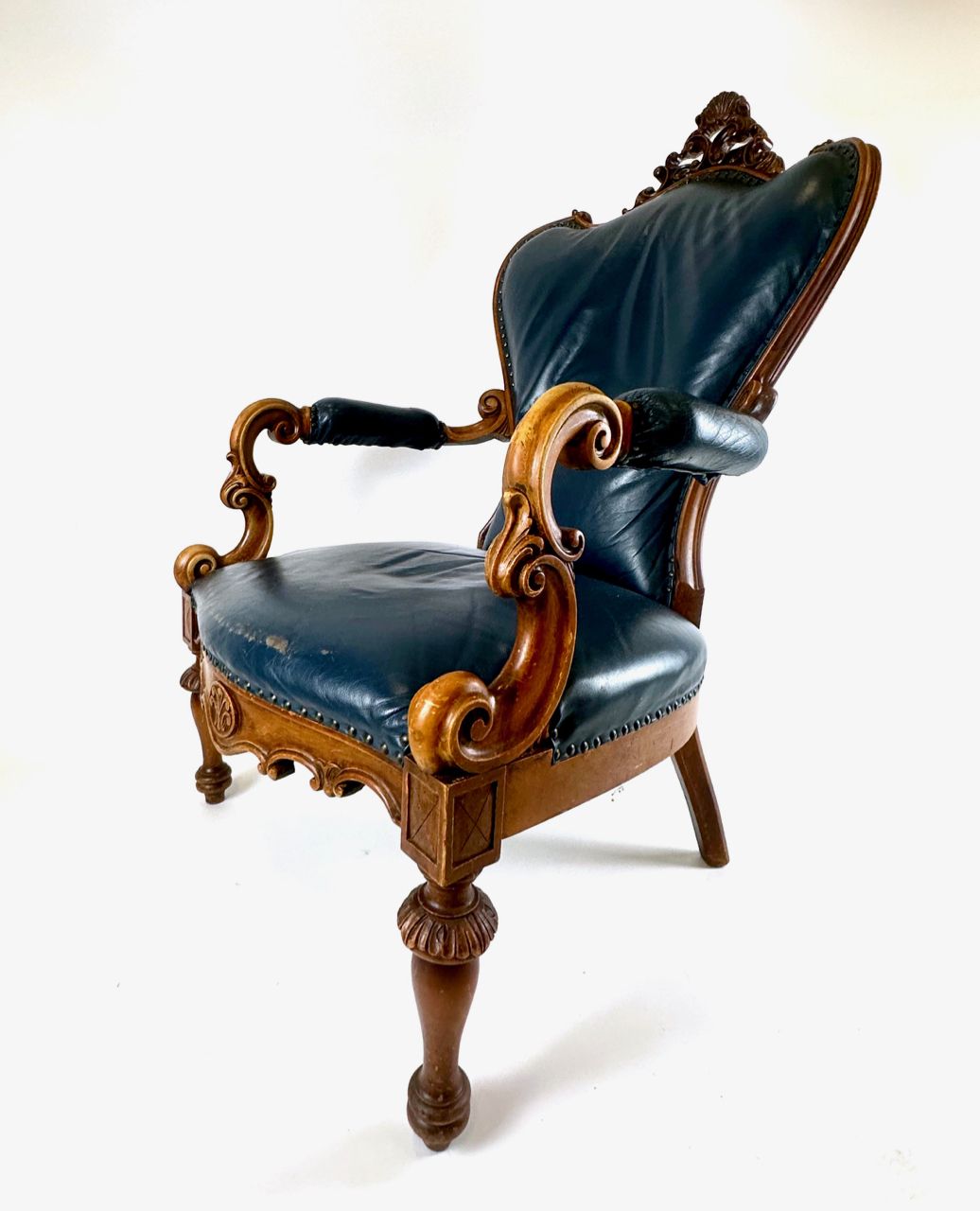 photo for sale Antique French Armchair In Walnut And Blue Leather, 1890s