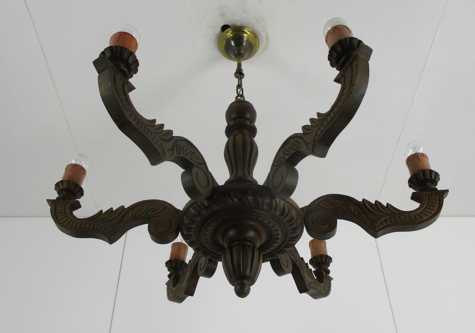 Hand Carved Wooden Chandelier Ornate 6 Arm Lights Mid Century  Farmhouse Style photo Lighting