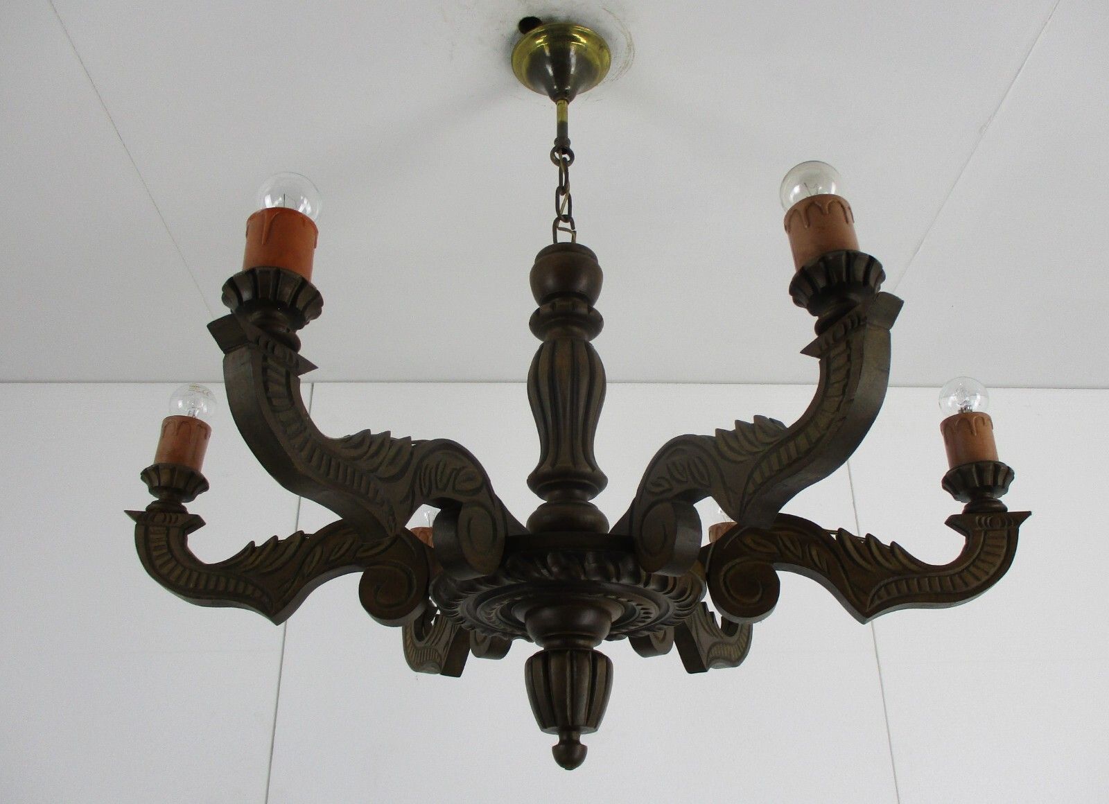 Hand Carved Wooden Chandelier Ornate 6 Arm Lights Mid Century  Farmhouse Style photo vintage