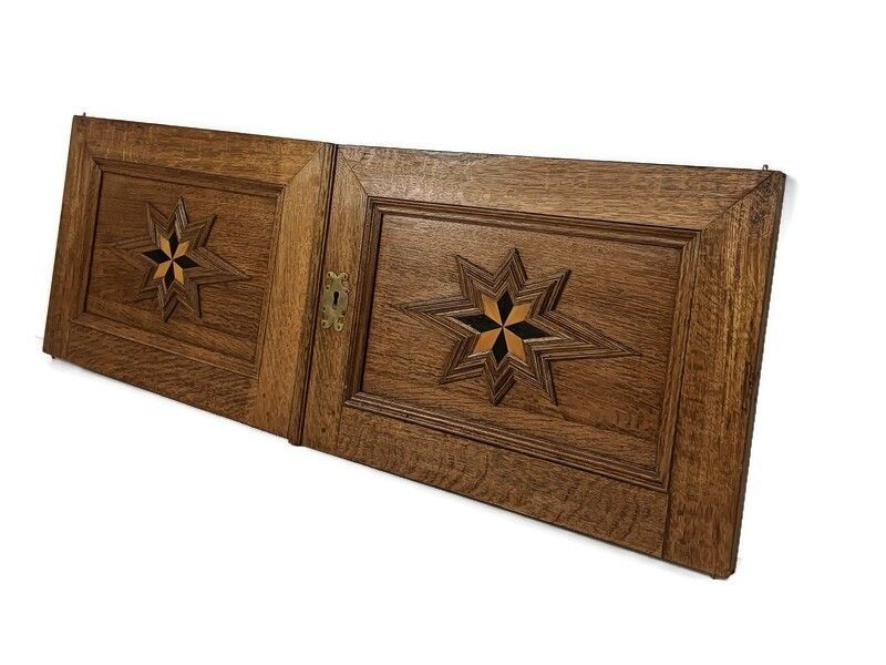 Pair Antique French Hand Carved Wood Inlay Stars Door Panels 19thc  Reclaimed Ar