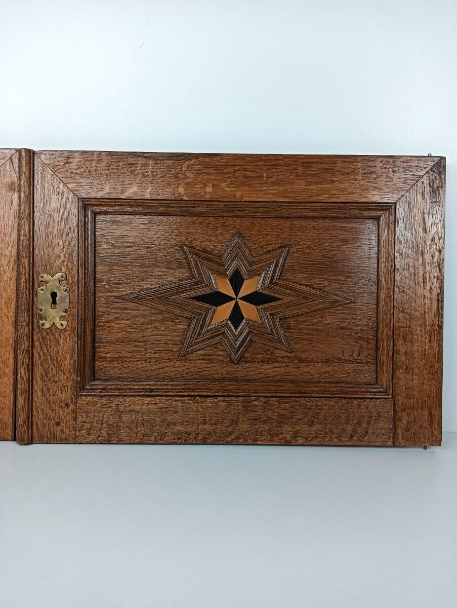 Pair Antique French Hand Carved Wood Inlay Stars Door Panels 19thc  Reclaimed Ar photo 385.0