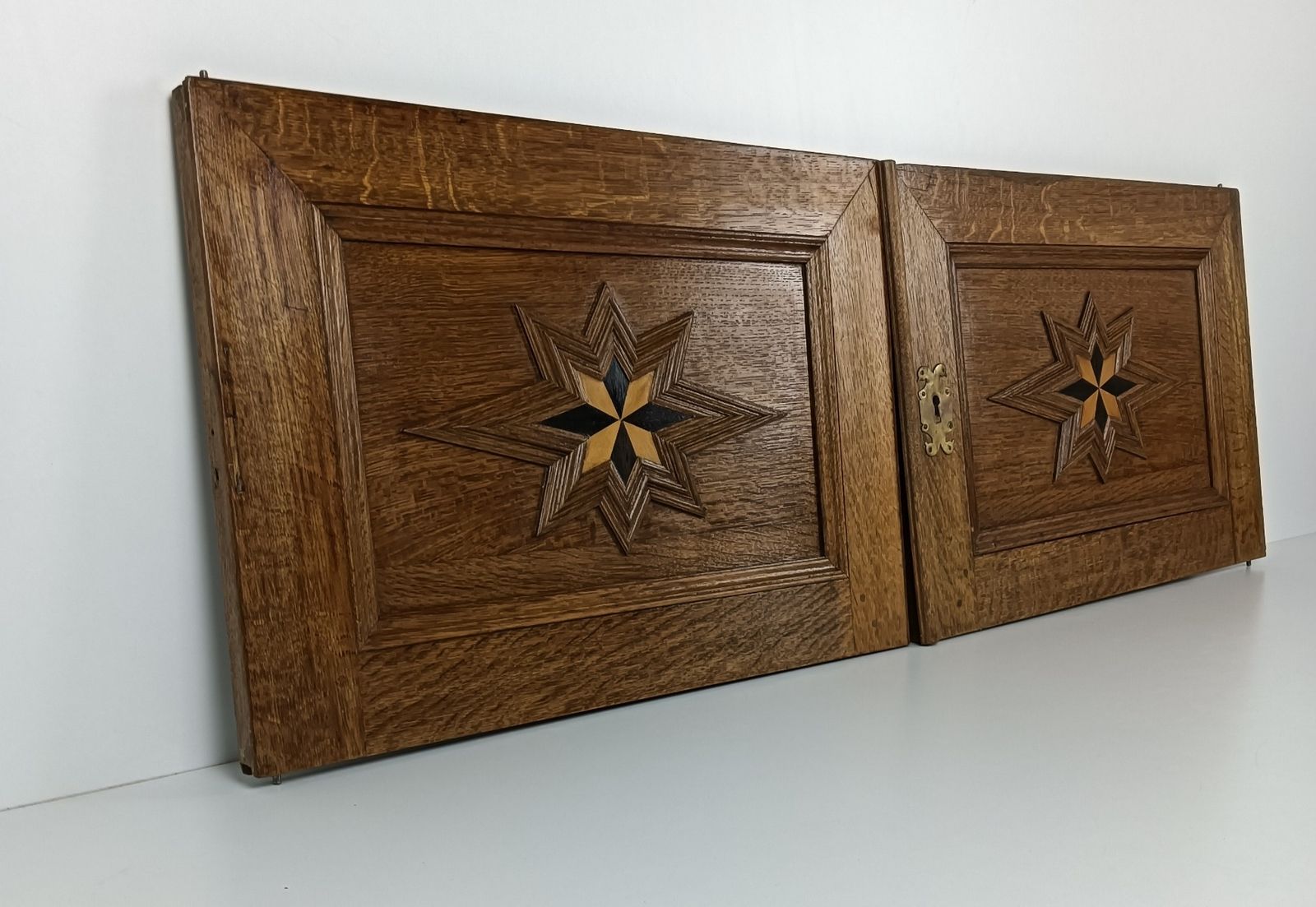 Pair Antique French Hand Carved Wood Inlay Stars Door Panels 19thc  Reclaimed Ar photo buy