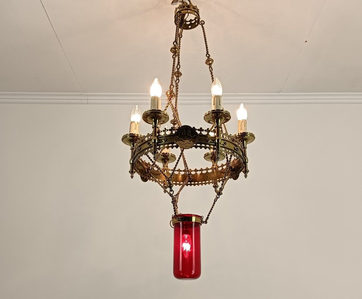 Gothic Antique Chandelier Bronze Art Glass Red 7 Lights Ornate Very Rare Wow photo furniture