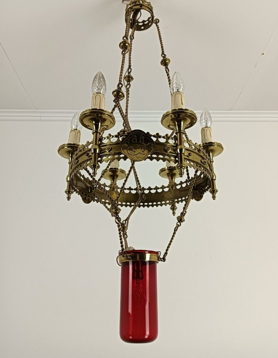 Gothic Antique Chandelier Bronze Art Glass Red 7 Lights Ornate Very Rare Wow photo vinterior