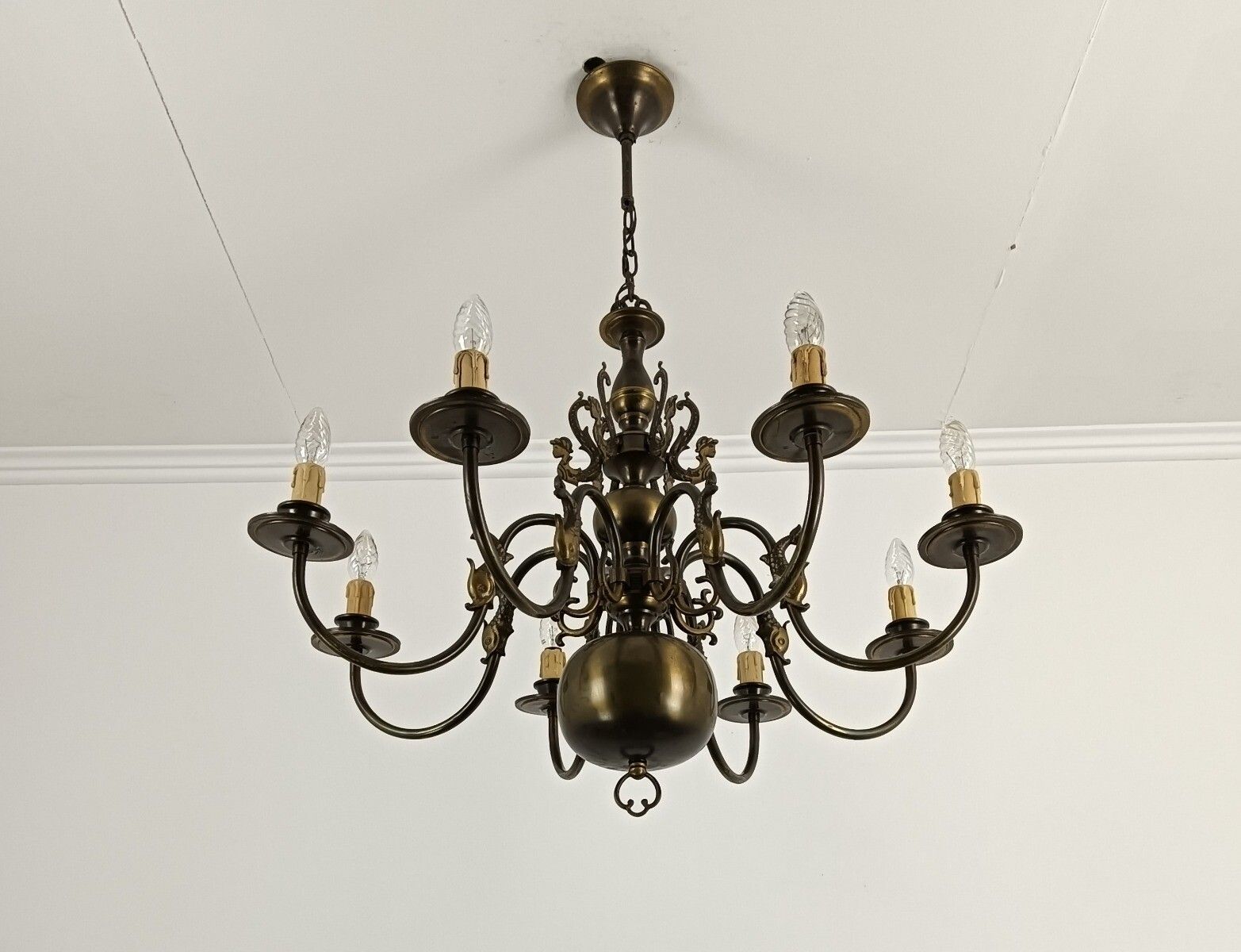 Flemish Dutch  Chandelier 8 Arms Lights Brass  Fish  Gorgeous Vintage Barn Farmh photo buy