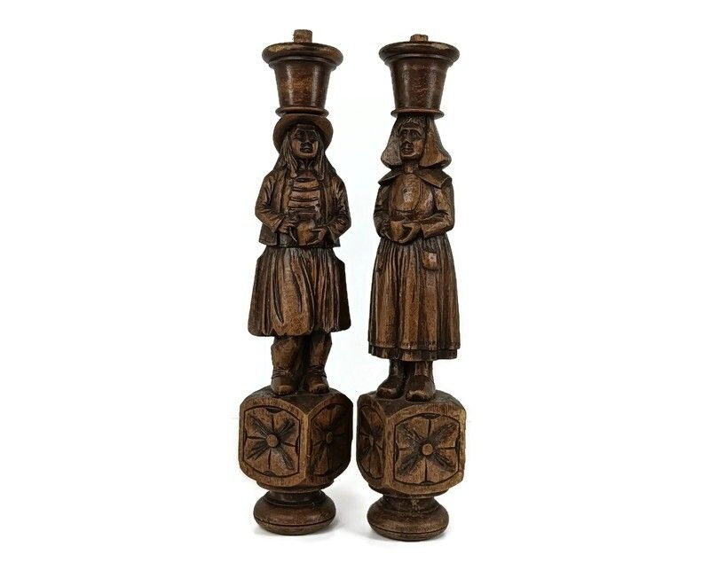 Large Antique Hand Carved Wooden Corbels Breton Figures Couple France Reclaimed