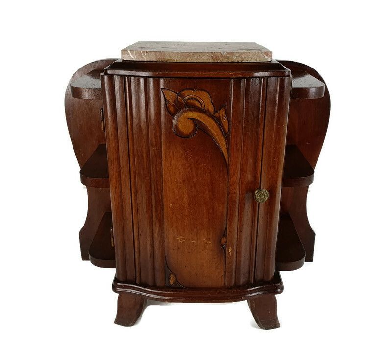 Art Deco Side Cabinet Display Boards Marble Top Wood Antique
