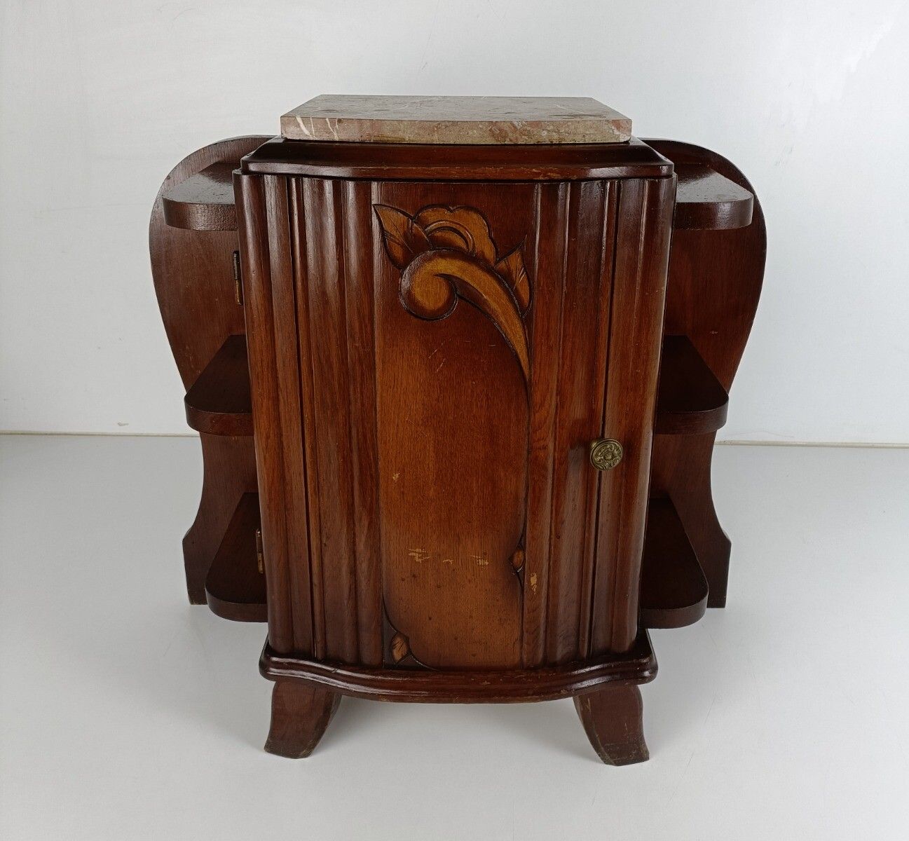 Art Deco Side Cabinet Display Boards Marble Top Wood Antique photo for sale