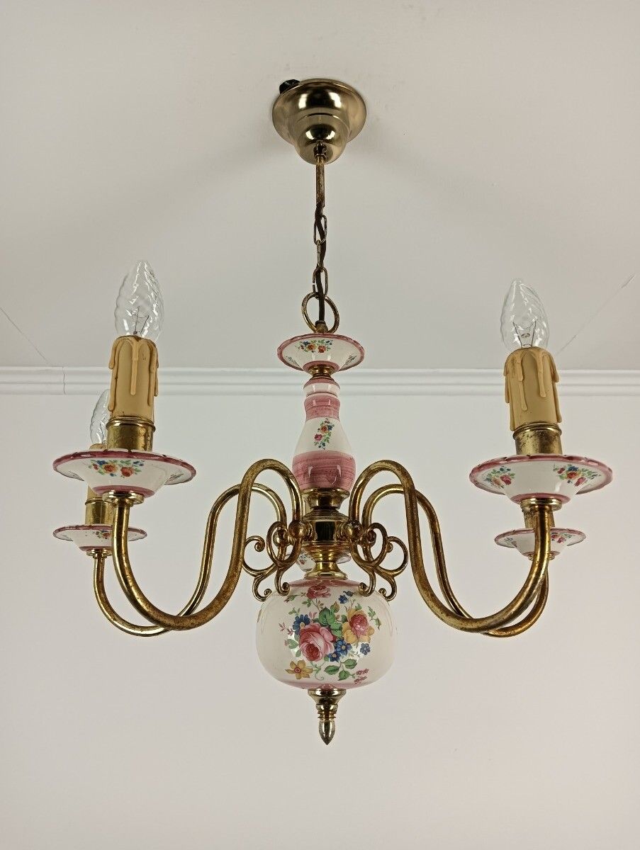 Vintage Chandelier Porcelain Italy Italian Fixture Flower Pattern Pink 5 Lights photo furniture