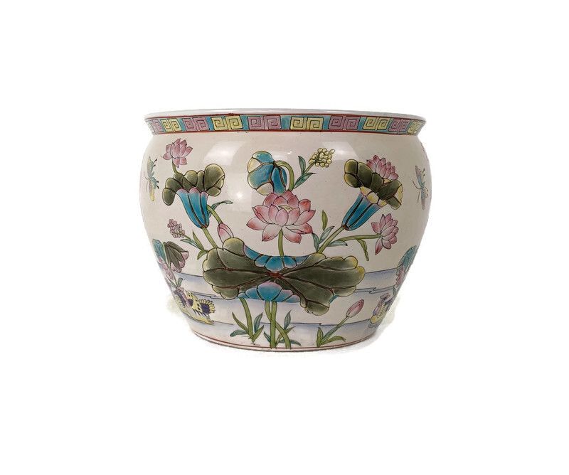 Xl Vintage Chinese Porcelain Koi Fish Bowl Planter Vase  Cachepot Flower Pot