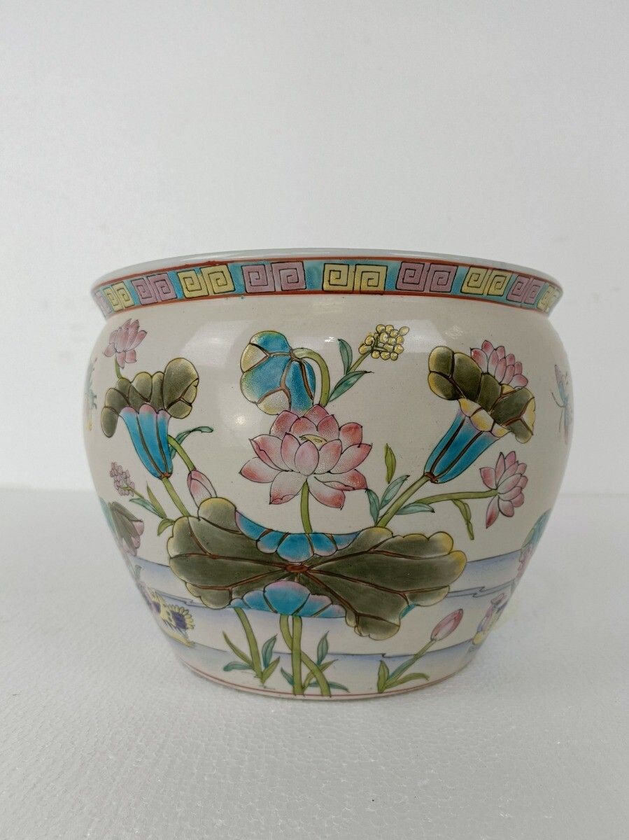 Xl Vintage Chinese Porcelain Koi Fish Bowl Planter Vase  Cachepot Flower Pot photo for sale