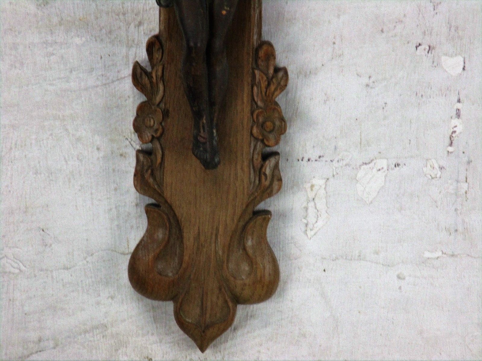 Large French Oak Hanging Crucifix Cross Jesus Christ Copper Corpus Flowers 25" photo for sale
