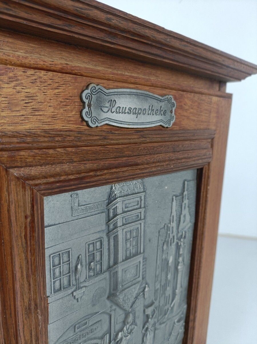 Vintage German Oak Kitchen Apothecary Wall Cabinet Brass Plaque Hausapotheke photo vintage