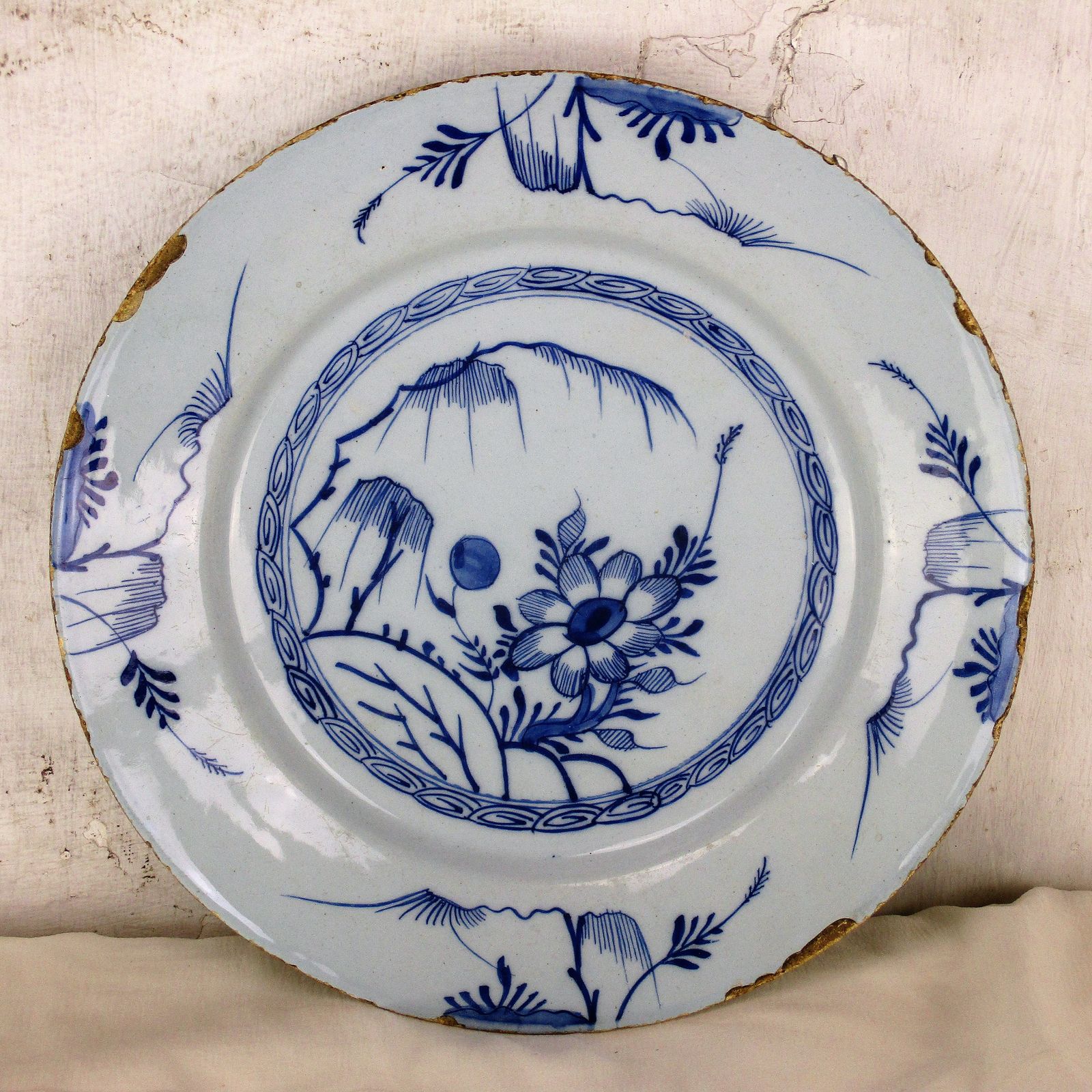 Antique 19th Century Large Delft Wall Hanging Charger Plate Blue White Flower