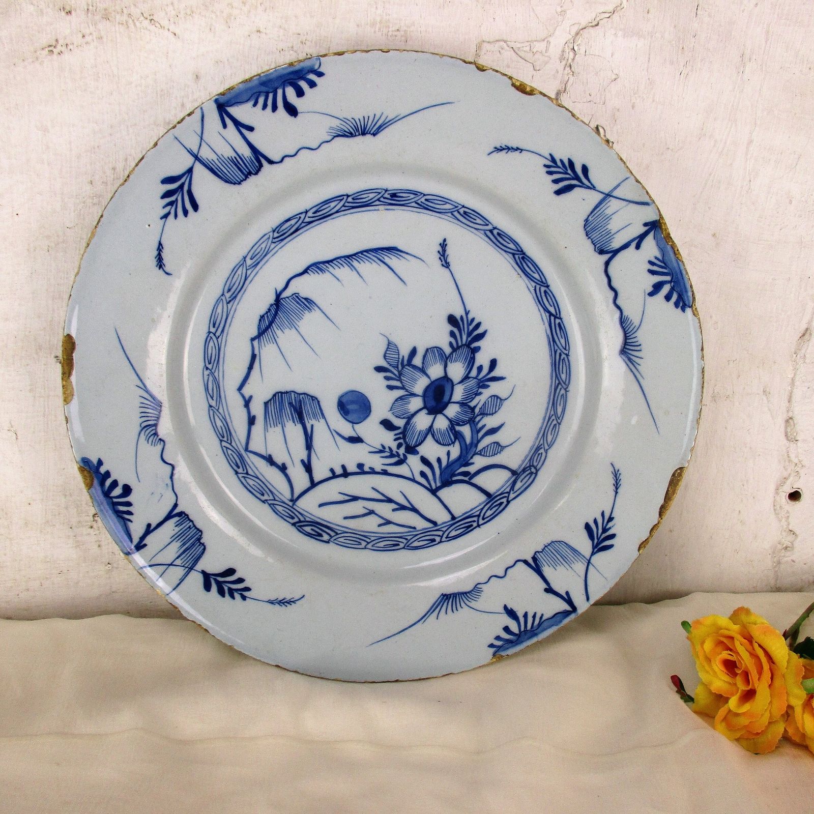 Antique 19th Century Large Delft Wall Hanging Charger Plate Blue White Flower photo vinterior