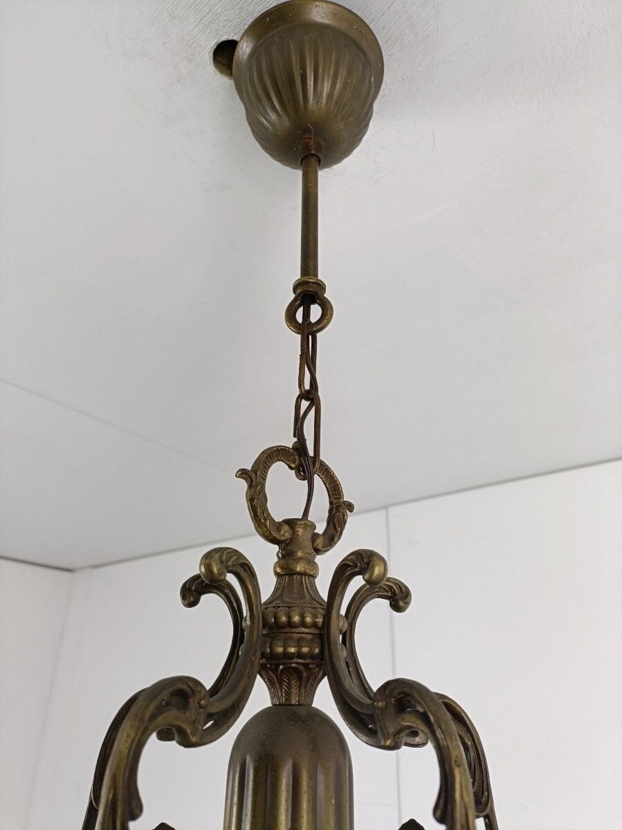 photo furniture Brass Etched Glass Lantern Pendant Ceiling Fixture Vintage 1 Light Chandelier