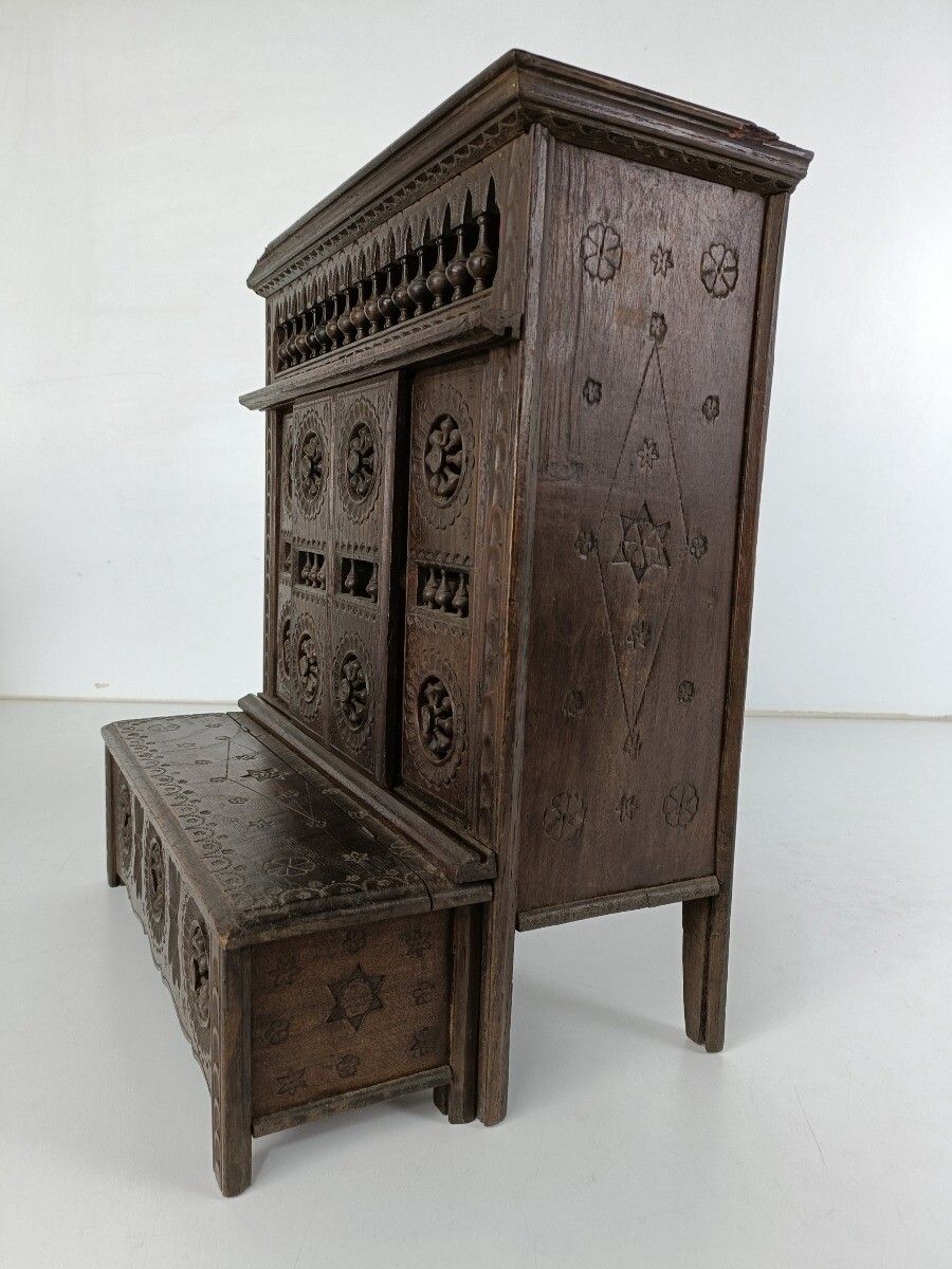 Miniature French Breton Salesman Sample Hanging Cabinet Wood Antique 1900s Gorge photo for sale